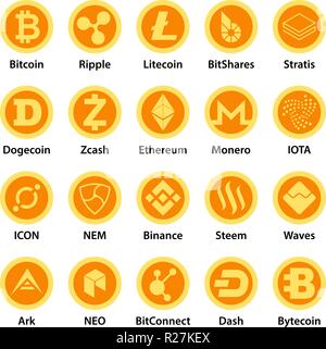 Cryptocurrency types icons set. Flat illustration of 25 cryptocurrency types vector icons for web Stock Vector