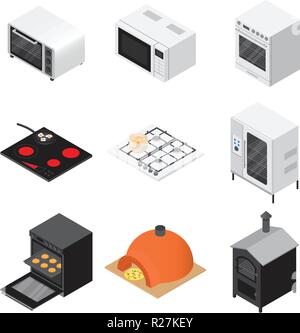 Oven stove furnace fireplace icons set. Isometric illustration of 16 oven stove furnace fireplace vector icons for web Stock Vector