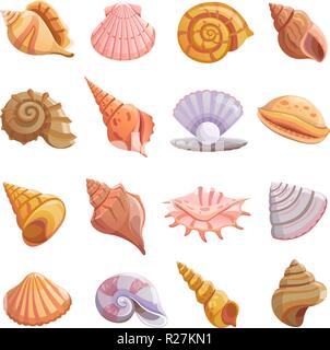 Sea shell beach icons set. Cartoon illustration of 16 Sea shell beach tropical underwater vector icons for web Stock Vector