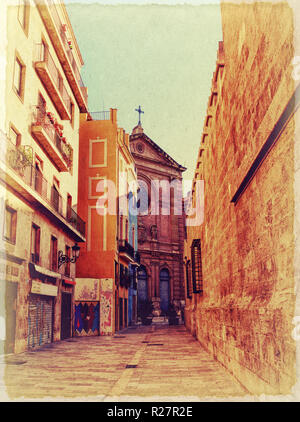 Narrow spanish street. Photo in old image style. Stock Photo