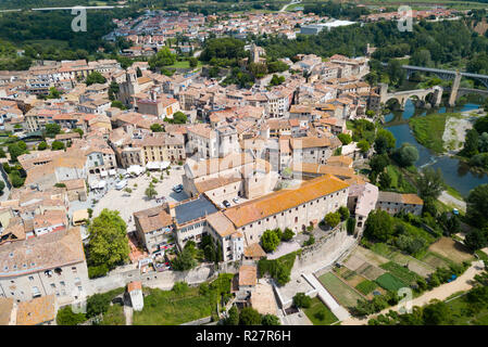 Aerial view of historic centre of Besalu with Romanesque bridge over Fluvia river, Catalonia, Spain Stock Photo