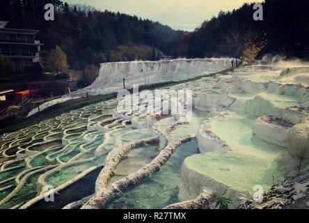Mineral terraces with curative water in Egerszalok thermal spa, Hungary Stock Photo