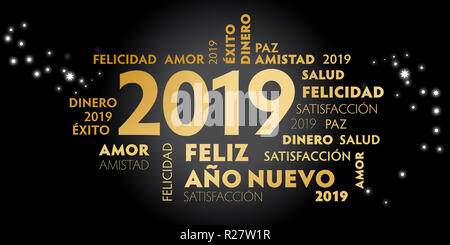 Happy New Year Spanish Language greeting card with spanish slogan 'feliz año nuevo' and good wishes for the new year. Black background and golden text Stock Photo