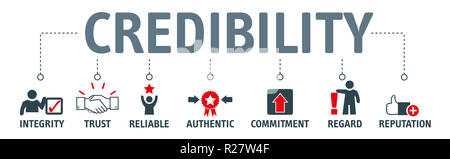 credibility, reputation and trust concept. Banner with vector illustration icons and keywords Stock Photo
