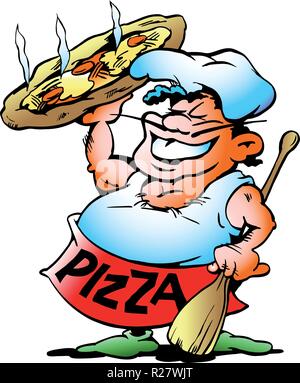 Hand-drawn Vector illustration Pizza Baker with a giant pizza Stock Vector