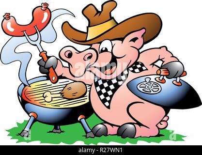 Hand-drawn Vector illustration of an Pig sitting and making BBQ Stock Vector