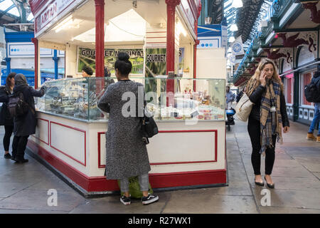 Leeds Kirkgate Market in the city center of Leeds. This historic market is the largest covered market in Europe. Stock Photo