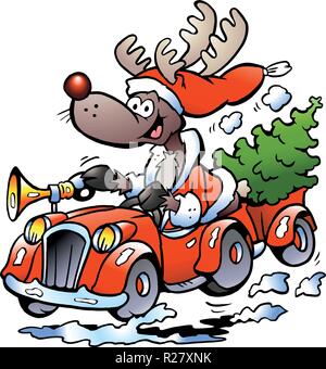 Hand-drawn Vector illustration of an Reindeer Driving Car Stock Vector