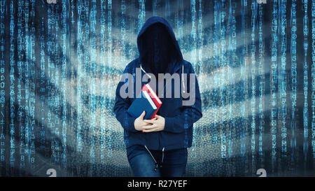 Surreal woman online anonymous internet hacker with invisible face wearing hood, hiding identity, holding two books. Matrix number codes personal data Stock Photo