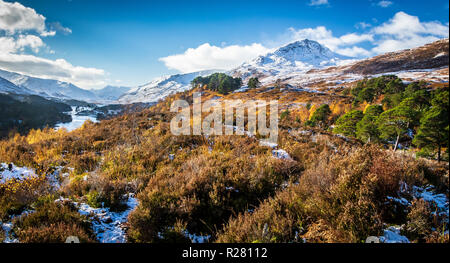 Glen Affric, Sgurr na Lapaich and the first snow of winter Stock Photo