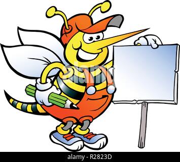 Hand-drawn Vector illustration of an Happy Working Bee Holding a Sign Stock Vector