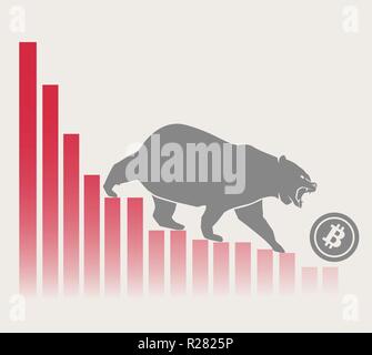 Bear moves Bitcoin down on graph, negative cryptocurrency market, grey background Stock Vector