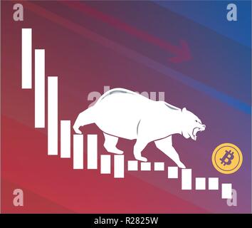 Bear moves Bitcoin down on graph, negative cryptocurrency market, red background Stock Vector