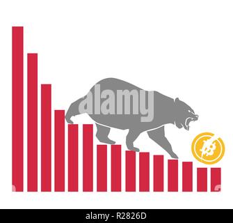 Bear moves Bitcoin down on graph, negative cryptocurrency market, white background Stock Vector
