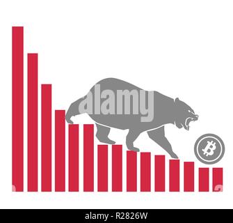 Bear moves Bitcoin down on graph, negative cryptocurrency market, white background Stock Vector