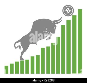 Bull moves Bitcoin up on graph, positive cryptocurrency market, white background Stock Vector