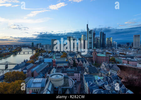 Frankfurt am Main: view from Dom (cathedral) to city center with Römer (Town Hall), St. Paul's Church, skyscrapers and high-rise office buildings in f Stock Photo