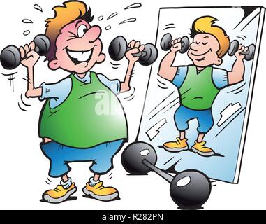 Vector Cartoon illustration of a Fat Motion Man making Fitness Stock Vector