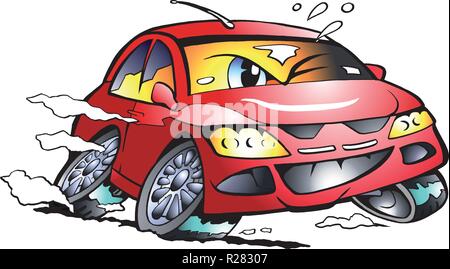Vector Cartoon illustration of a red Sports Car Mascot racing in full speed Stock Vector