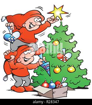 Vector Cartoon illustration of two happy Elf decorate the Christmas Tree Stock Vector