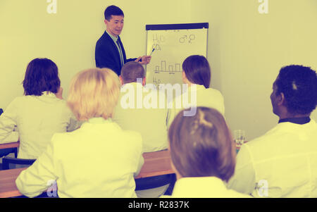 Smiling young male professor giving presentation for medics in convention hall Stock Photo