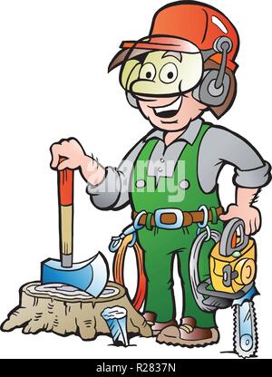 Vector Cartoon illustration of a Happy Working Lumberjack or Woodcutter Stock Vector