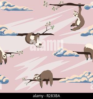 Cute sloths vector seamless pattern . Texture with cartoon animals and clouds on a pink background Stock Vector