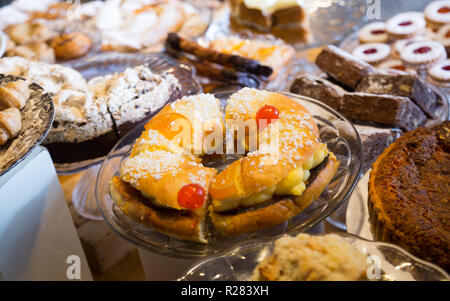 Croissants, buns, cookies and other sweet stuff in bakery Stock Photo