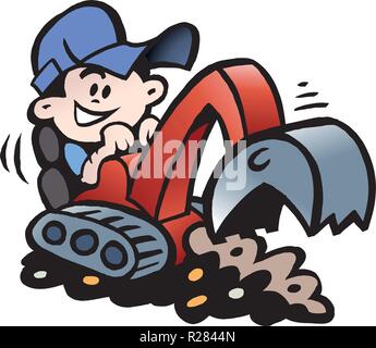 Cartoon Vector illustration of a Handyman threre working with his mini excavator Stock Vector