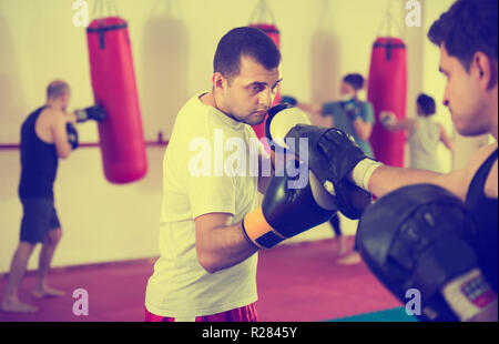 Portrait of young concentrated sportsmen competing in boxing gloves Stock Photo