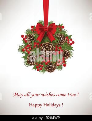 Hanging Kissing Ball for Holidays. Christmas decoration with fir tree, pine cones and berries Stock Vector