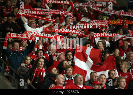 Cardiff, UK. 16th November 2018. Denmark fans. UEFA Nations League match, Wales v Denmark at the Cardiff city Stadium in Cardiff , South Wales on Friday 16th November 2018. pic by Andrew Orchard /Andrew Orchard sports photography/Alamy live News EDITORIAL USE ONLY Stock Photo