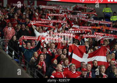 Cardiff, UK. 16th November 2018. Denmark fans. UEFA Nations League match, Wales v Denmark at the Cardiff city Stadium in Cardiff , South Wales on Friday 16th November 2018. pic by Andrew Orchard /Andrew Orchard sports photography/Alamy live News EDITORIAL USE ONLY Stock Photo