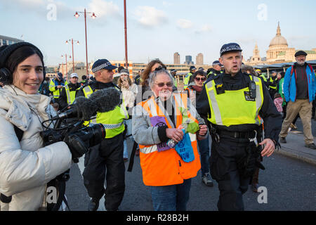 London, UK. 17th November, 2018. Police officers arrest two women, including pensioner Genny Scherer (c), after environmental campaigners from Extinction Rebellion blocked Blackfriars Bridge, one of five bridges blocked in central London, as part of a Rebellion Day event to highlight 'criminal inaction in the face of climate change catastrophe and ecological collapse' by the UK Government as part of a programme of civil disobedience during which scores of campaigners have been arrested. Credit: Mark Kerrison/Alamy Live News Stock Photo