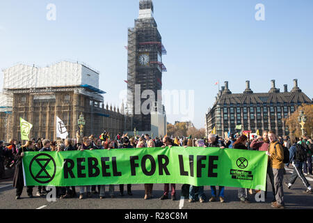 London, UK. 17th November, 2018. Environmental campaigners from Extinction Rebellion block Westminster Bridge, one of five bridges blocked in central London, as part of a Rebellion Day event to highlight 'criminal inaction in the face of climate change catastrophe and ecological collapse' by the UK Government as part of a programme of civil disobedience during which scores of campaigners have been arrested. Credit: Mark Kerrison/Alamy Live News Stock Photo