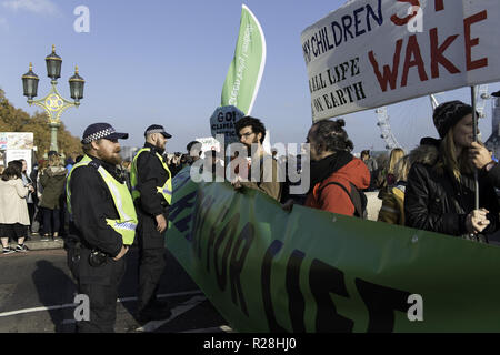 London, Greater London, UK. 17th Nov, 2018. Environmental activist seen talking with a police officer.The Extinction Rebellion activists gathered at five main bridges in London, to raise their concerns about climate change and demand that the UK government commits to reducing carbon emissions to zero by 2025. Credit: Andres Pantoja/SOPA Images/ZUMA Wire/Alamy Live News Stock Photo