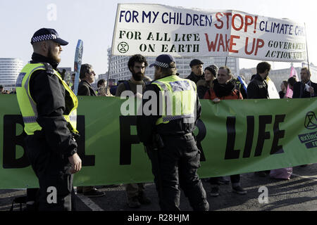 London, Greater London, UK. 17th Nov, 2018. Environmental activist seen talking with a police officer.The Extinction Rebellion activists gathered at five main bridges in London, to raise their concerns about climate change and demand that the UK government commits to reducing carbon emissions to zero by 2025. Credit: Andres Pantoja/SOPA Images/ZUMA Wire/Alamy Live News Stock Photo
