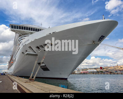 SARDINIA, ITALY - MAY 22, 2018:  Bow of the the MSC Cruise Ship Divina tied up in Port Stock Photo