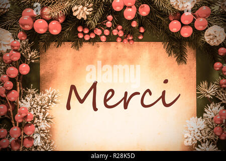 Retro Christmas Decoration, Fir Tree Branch, Merci Means Thank You Stock Photo
