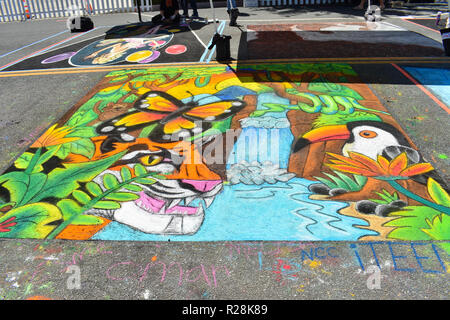 Newhall, Ca. Sept. 21, 2018 - The chalk art festival in downtown Newhall where many artists showcased their drawings on street surface. Stock Photo
