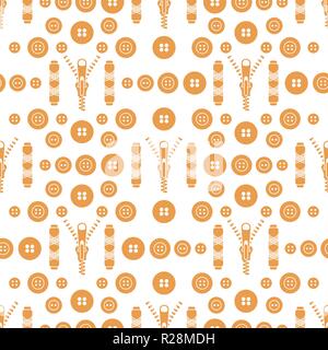 Seamless pattern with zipper, buttons, threads. Sewing and needlework background. Template for design, fabric, print. Stock Vector