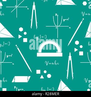 Mathematical scientific vector seamless pattern with geometry plots, tools and formulas. Education elements. Compasses, protractor, pencil, graphics,  Stock Vector