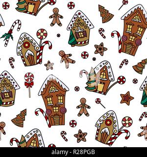 Christmas seamless pattern with gingerbread house, candy canes and lollipops. Hand drawn doodle style. Vector illustration. Isolated on white background. Perfect for wrapping paper, fabric print Stock Vector
