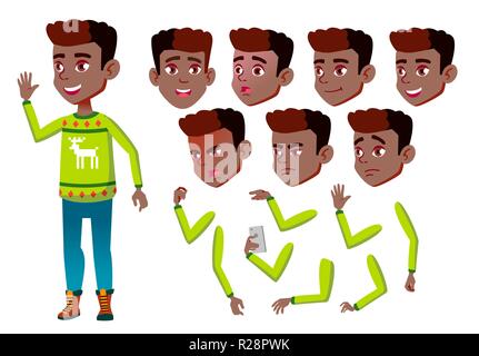 Boy, Child, Kid, Teen Vector. Cheerful Pupil. Black. Afro American. Face Emotions, Various Gestures. Animation Creation Set. Isolated Flat Cartoon Character Illustration Stock Vector
