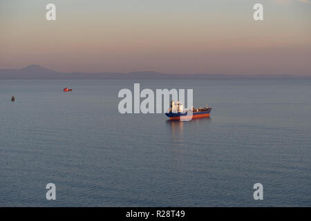 Seascape with tanker and ships on the background of the sea and coastline. Vladivostok, Russia Stock Photo