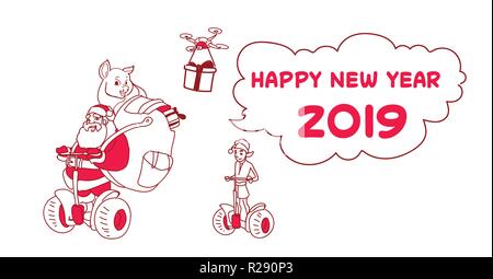santa claus with elf ride electric scooter drone present delivery service christmas holiday new year concept sketch doodle horizontal Stock Vector