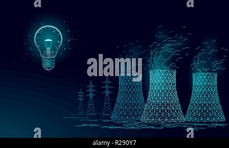Nuclear power station cooling tower low poly. 3d render ecology pollution save planet environment concept triangle polygonal. Radioactive nuclear reactor electricity vector illustration Stock Vector