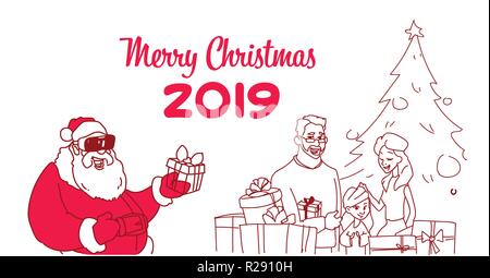 santa claus wear digital glasses virtual reality present gift box family parent children merry christmas happy new year concept sketch doodle horizontal Stock Vector