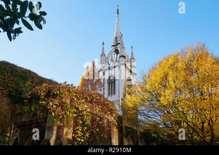 The spire of the ruined church of St Dunstan in the East, in the City of London, UK Stock Photo