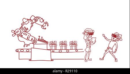 two elf santa claus helper wear virtual reality glasses control conveyor system new year merry christmas concept sketch doodle horizontal Stock Vector